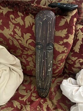 Hand-Carved Wooden Tribal Mask - Distressed Dark Brown